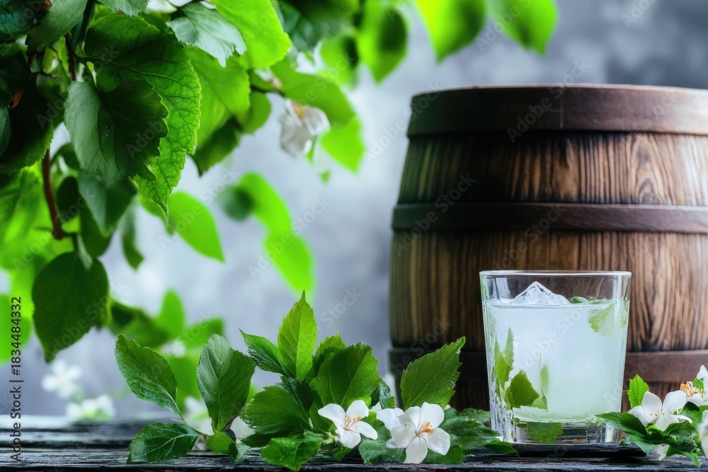 Fototapeta premium Creamy chicha in a rustic setting with cinnamon and pinecones on wooden table