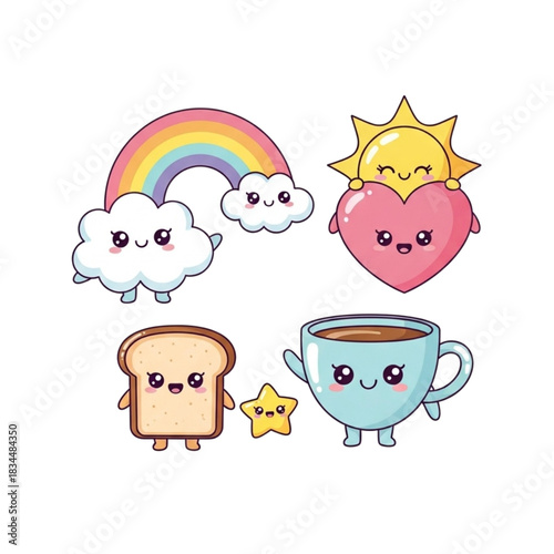 Adorable Kawaii breakfast set to brighten your day, featuring toast, coffee, rainbow, sun, heart, and star characters, perfect for cute designs