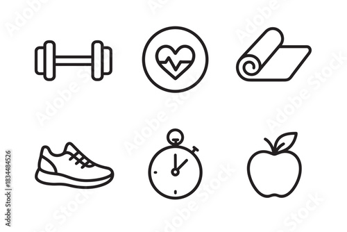 Set of black line icons representing fitness and a healthy lifestyle including a dumbbell, heart, yoga mat, sneaker, stopwatch, and apple in a minimalist graphic style