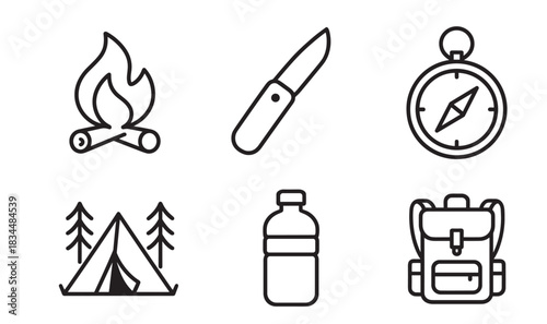 Set of six black line icons for camping and hiking including a campfire, knife, compass, tent, water bottle, and backpack in a minimalist vector illustration style