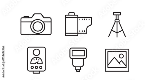 Set of six black line icons for photography equipment including a camera, film roll, tripod, light meter, flash, and a framed picture, presented in a simple minimalist style