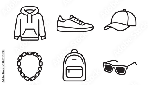 Six streetwear fashion and accessory line icons featuring a hoodie, sneaker, cap, chain, backpack, and sunglasses in a minimalist graphic style for apparel and urban lifestyle concepts
