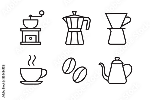 Coffee brewing and serving equipment icon set with a grinder, moka pot, pour-over dripper, steaming cup, beans, and kettle in a minimalist black line art vector style