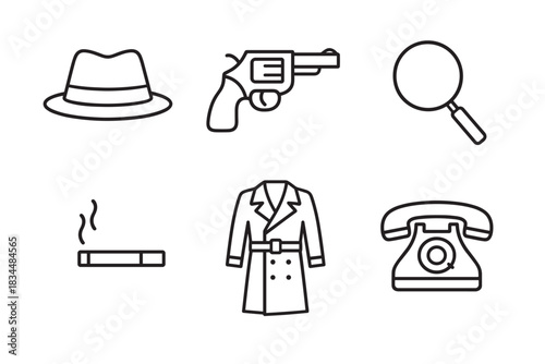 Set of six detective noir icons featuring a fedora hat, revolver, magnifying glass, trench coat, cigarette, and rotary telephone in a minimalist line art style