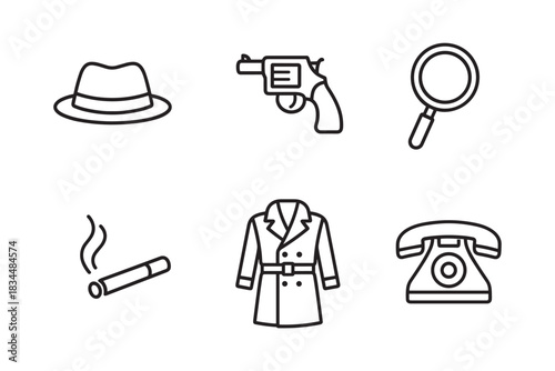 Collection of six detective noir icons featuring a fedora hat, revolver, magnifying glass, smoking cigarette, trench coat, and a vintage rotary telephone in a minimalist line art style