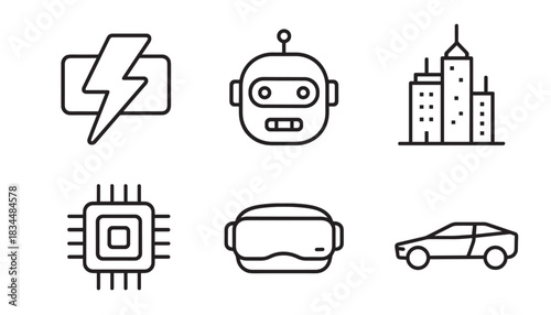Set of six black line icons representing modern technology concepts like robotics, virtual reality, electric vehicles, smart cities, and microprocessors in a clean minimalist style
