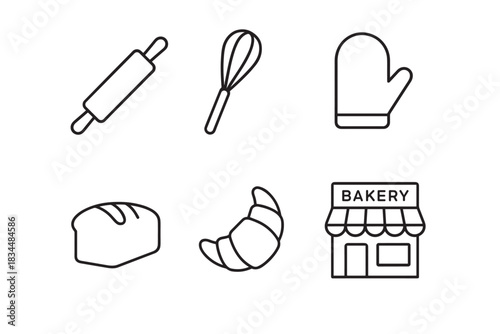 Set of six black line art bakery icons including a rolling pin, whisk, oven mitt, bread loaf, croissant, and shop front in a simple minimalist vector style