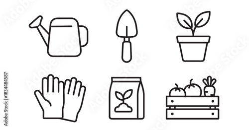 Set of black line gardening icons including a watering can, trowel, seedling in a pot, gloves, seed packet, and a crate of fresh vegetables