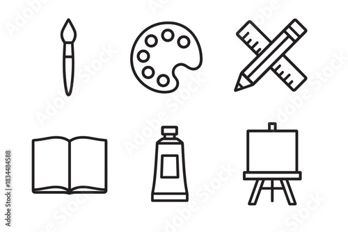Simple set of six black outline icons for art and design, showing a paintbrush, palette, crossed pencil and ruler, open book, paint tube, and a small artist's easel