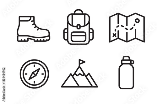 Black outline icons of hiking gear including a boot, backpack, map, compass, mountain, and bottle, representing concepts of adventure, travel, tourism, and exploration