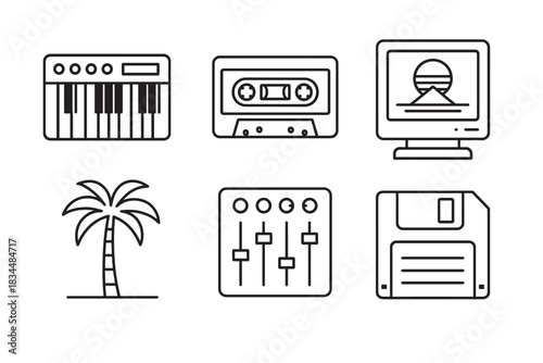 Set of six minimalist icons representing retro 80s technology and music culture in a simple black line art style, including a synthesizer, cassette, computer, and floppy disk