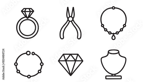 Set of black line icons for jewelry making and accessories, featuring a diamond ring, pliers, necklace, bracelet, loose gemstone, and a display bust in a minimalist style