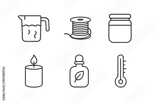 Set of black line icons for candle making supplies shows a jug of wax, a wick, a jar, a lit candle, essential oil, and a thermometer in a minimalist graphic style