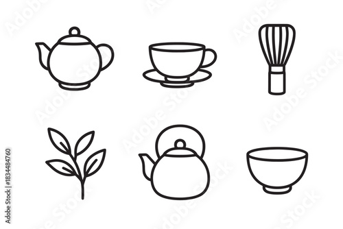 Set of six tea ceremony icons featuring a teapot, teacup, matcha whisk, leaves, kettle, and bowl, rendered in a clean and minimal black outline vector illustration style