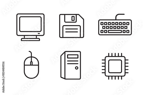 Set of six retro computer hardware icons including a monitor, floppy disk, keyboard, mouse, system unit, and processor, rendered in a simple black line art vector style