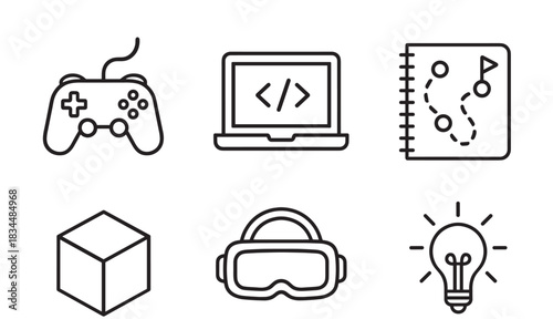 Game development black line icon set representing the creative process with symbols for coding, level design, 3D modeling, virtual reality, and gaming innovation