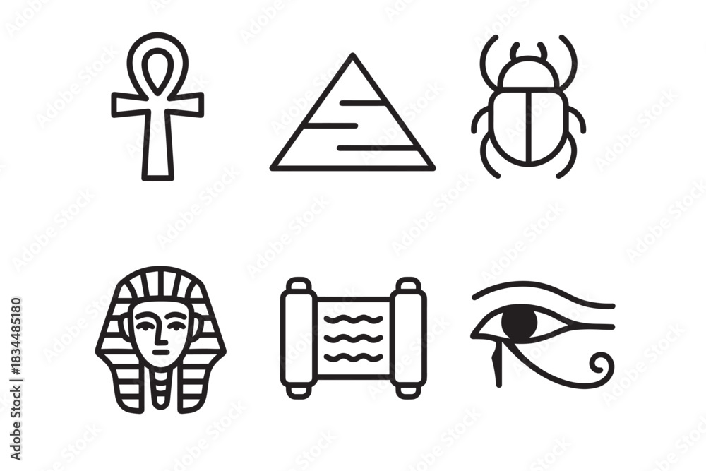 Fototapeta premium Set of ancient Egyptian cultural symbols featuring the ankh, pyramid, scarab beetle, pharaoh mask, papyrus scroll, and Eye of Horus, depicted in a minimalist black line art style