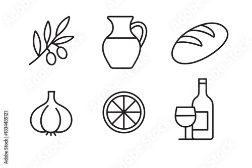 Set of six black line icons representing Mediterranean food ingredients like olives, bread, garlic, wine, and citrus fruit in a simple, minimalist vector graphic style for culinary design