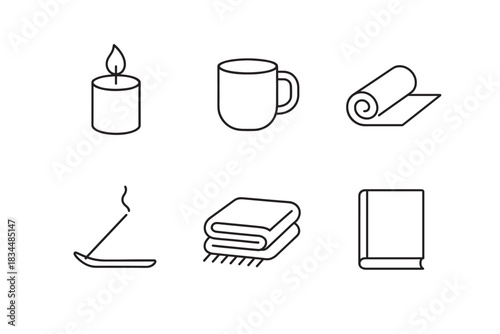 Set of six minimalist line icons representing hygge and cozy home living with a candle, mug, rolled mat, incense, folded blanket, and book for a relaxing lifestyle concept