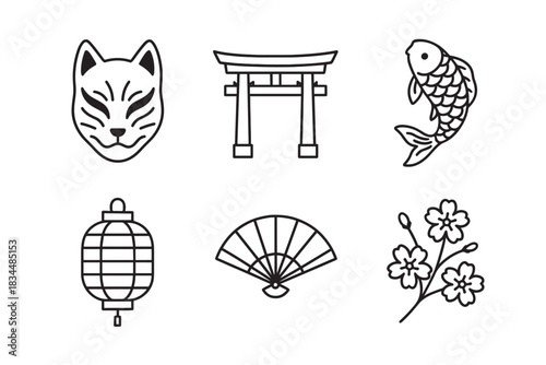 Set of six traditional Japanese cultural icons including a kitsune mask, torii gate, koi fish, lantern, fan, and sakura blossoms in a minimalist black line art style