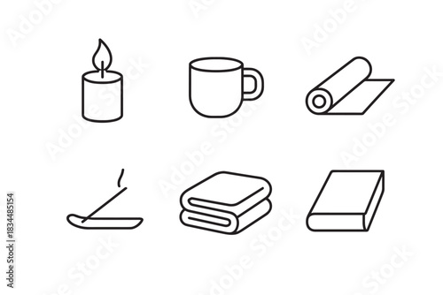 Set of six black line icons for wellness and self-care, including a candle, mug, yoga mat, incense, towels, and a block, presented in a clean minimalist vector style