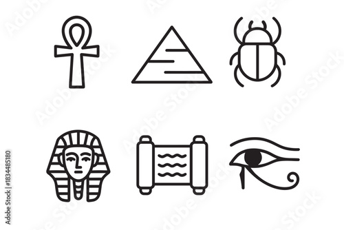 Set of ancient Egyptian cultural symbols featuring the ankh, pyramid, scarab beetle, pharaoh mask, papyrus scroll, and Eye of Horus, depicted in a minimalist black line art style