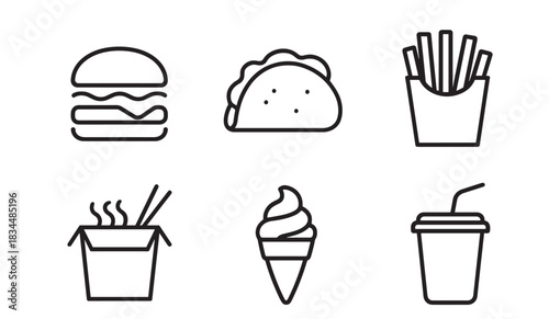 Set of six black line icons representing various fast food items like a hamburger, taco, fries, noodles, ice cream, and a drink, rendered in a clean minimalist vector style