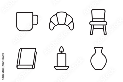 Set of six minimalist line icons representing home comfort and daily life, including a coffee mug, croissant, chair, book, candle, and vase, in a clean graphic vector style