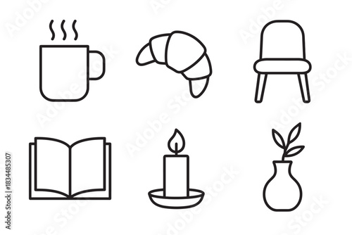 Cozy home lifestyle icon set with a steaming coffee cup, fresh croissant, simple chair, open book, lit candle, and a plant in a vase, all in a minimalist outline style