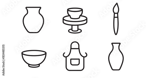 Set of six black line icons for pottery and ceramics, including a vase, bowl, potter's wheel, paintbrush, and apron, representing handmade crafts and artistic hobbies