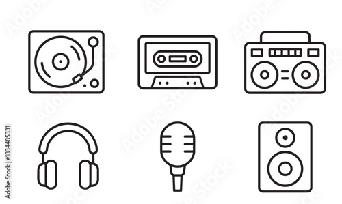 Set of six black outline music icons featuring a turntable, cassette tape, boombox, headphones, microphone, and speaker in a clean, minimalist vector graphic illustration style