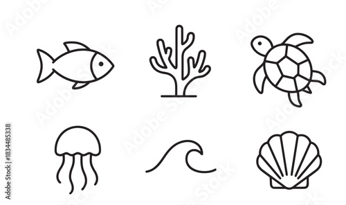 Set of six marine life icons including a fish, coral, turtle, jellyfish, wave, and seashell, drawn in a simple, clean, minimalist black outline vector style