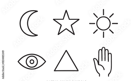Set of six black line art mystical symbols including a moon, star, sun, eye, triangle, and hand for esoteric and spiritual concepts in a minimalist hand-drawn style