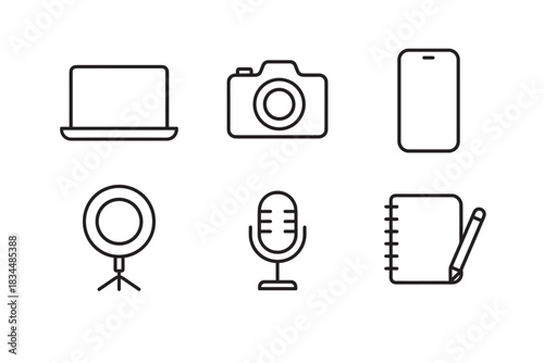 Set of black line icons for content creation including a laptop, camera, smartphone, ring light, microphone, and notebook, representing vlogging and blogging equipment in a minimalist style