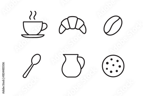 Minimalist set of six black outline icons representing a coffee break with a steaming cup, croissant, bean, spoon, milk jug, and a cookie, drawn in a simple line art style