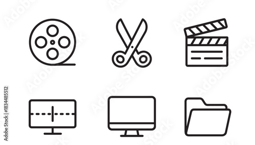 Set of black line art icons for video editing and filmmaking, including a film reel, scissors, clapperboard, monitor, and folder, representing post-production concepts