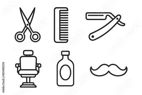 Set of black line barbershop icons including scissors, comb, straight razor, chair, bottle, and mustache in a minimalist vector graphic style for professional grooming concepts
