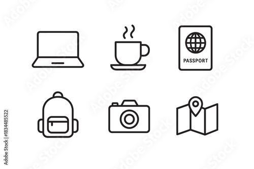 Set of six black line icons for travel and tourism, including a laptop, coffee cup, passport, backpack, camera, and map, representing a digital nomad lifestyle