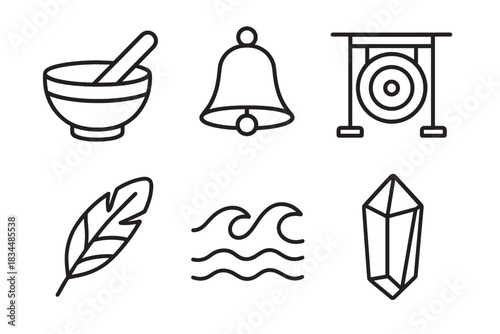 Set of black line art icons for spiritual healing and meditation, featuring a mortar and pestle, bell, gong, feather, water waves, and a healing crystal illustration