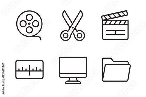 Set of six video editing icons in a minimalist line art style, featuring a film reel, scissors, clapperboard, timeline editor, computer monitor, and folder for multimedia concepts