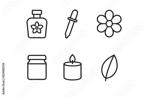 Set of six black line icons representing aromatherapy and spa treatments includes an essential oil bottle, dropper, flower, cream jar, candle, and leaf for wellness concepts