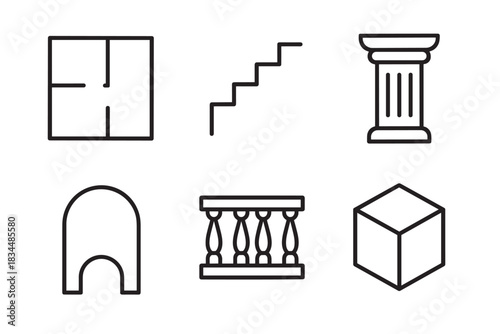 Set of six black line icons for architecture and interior design featuring a floor plan, stairs, column, arch, balustrade, and cube in a minimalist graphic style
