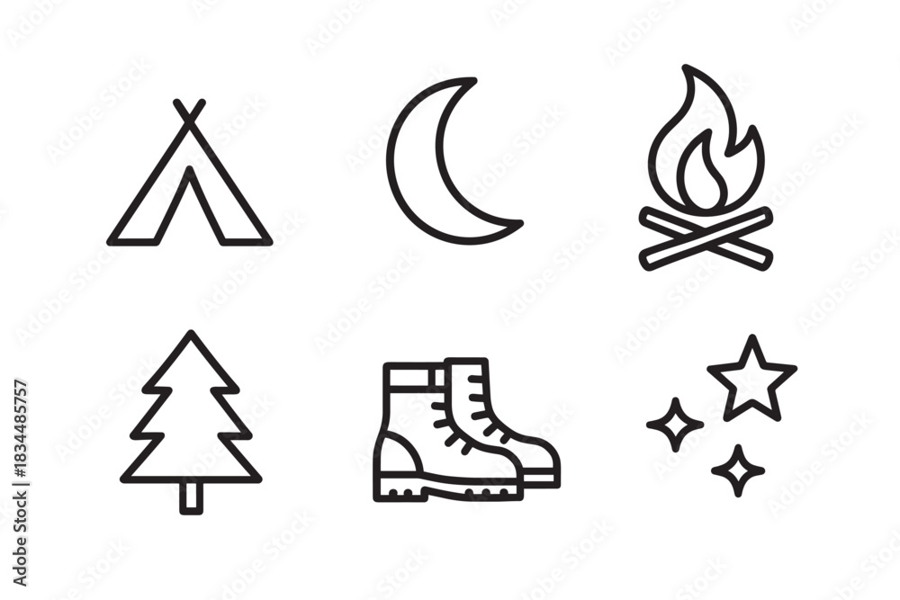Fototapeta premium Set of six black line art icons for camping and hiking themes, featuring a tent, moon, campfire, tree, boots, and stars in a minimalist graphic style for outdoor adventure concepts
