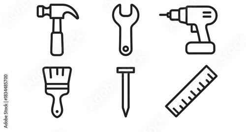 Set of six black outline icons representing construction and repair tools including a hammer, wrench, drill, paintbrush, nail, and ruler for DIY projects and home improvement