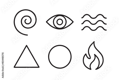 Set of six minimalist black line icons representing abstract concepts and classical elements like fire, water, air, and earth in a simple graphic vector illustration style