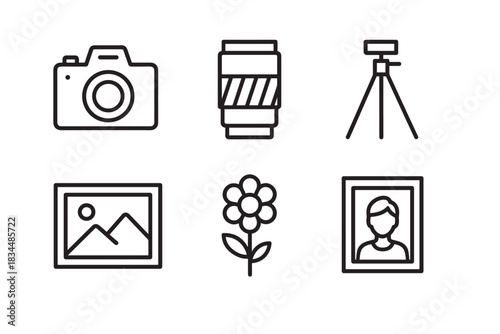 Photography and picture related line icon set featuring a camera, lens, tripod, landscape, flower, and portrait in a simple, minimalist graphic design style