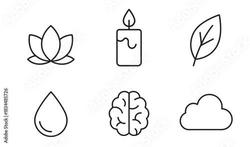 Set of six minimalist line icons representing mindfulness, meditation, and well-being, featuring a lotus, candle, leaf, water drop, brain, and cloud for mental health concepts