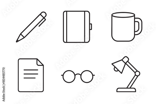 Six black outline office supply icons including a pen, notebook, mug, document, glasses, and desk lamp in a minimalist linear style for business and education concepts