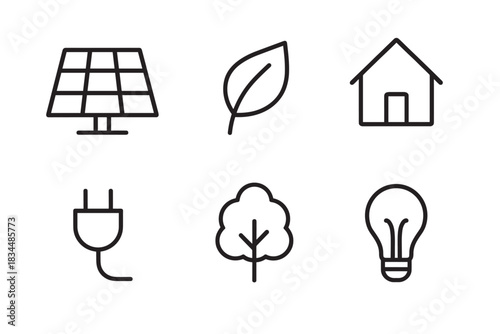 Set of six black line icons representing ecology, renewable energy, and sustainability concepts like solar panels, leaves, houses, plugs, trees, and light bulbs in a minimal style