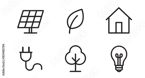 Set of six black line icons representing renewable energy, sustainability, and eco-friendly concepts like a solar panel, leaf, house, plug, tree, and lightbulb in a minimalist style